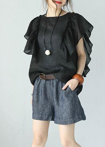 Bohemian black linen tops women o neck ruffles sleeve blouses - SooLinen