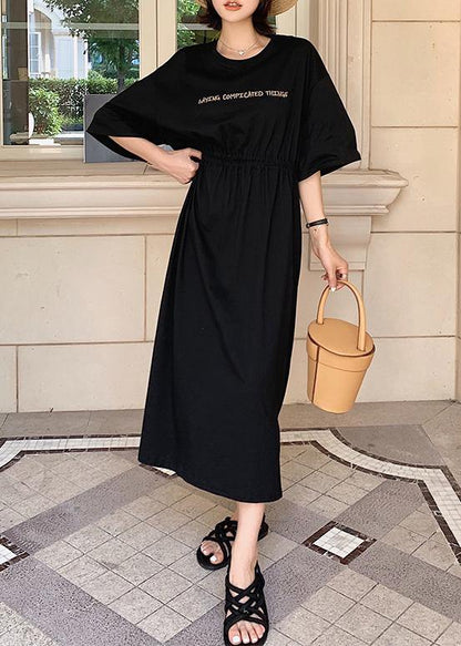 Bohemian black o neck cotton Long Shirts drawstring A Line summer Dress - SooLinen