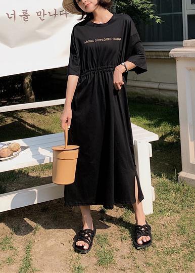 Bohemian black o neck cotton Long Shirts drawstring A Line summer Dress - SooLinen