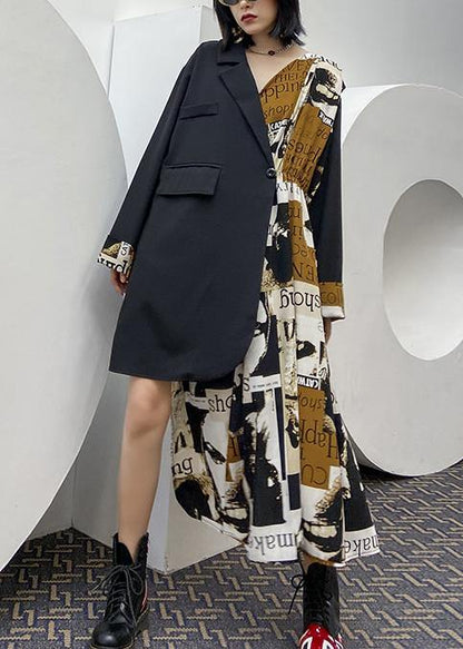 Bohemian black patchwork Letter outfit Notched asymmetric oversized Dress - SooLinen