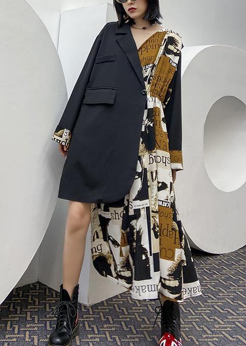 Bohemian black patchwork Letter outfit Notched asymmetric oversized Dress - SooLinen