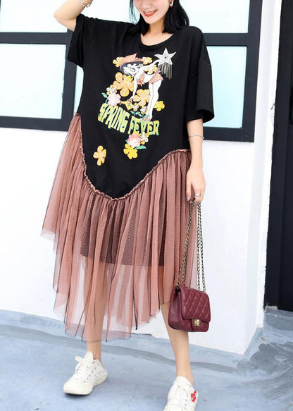 Bohemian black patchwork clothes asymmetric hem Maxi summer Dress - SooLinen