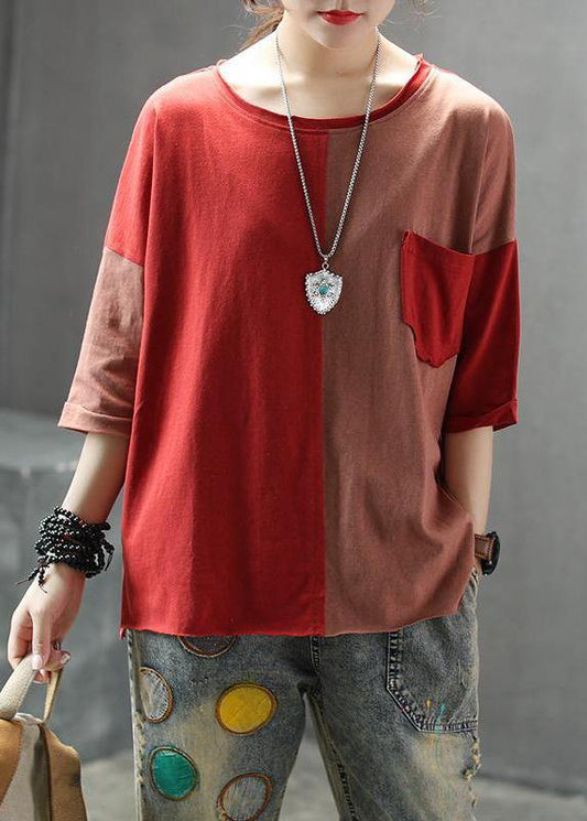 Bohemian cotton tops women stylish Single Pocket Color Matching Casual Blouse - SooLinen