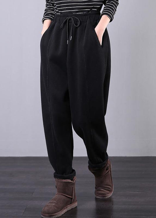 Bohemian fall plus size black Fabrics drawstring pockets pant - SooLinen