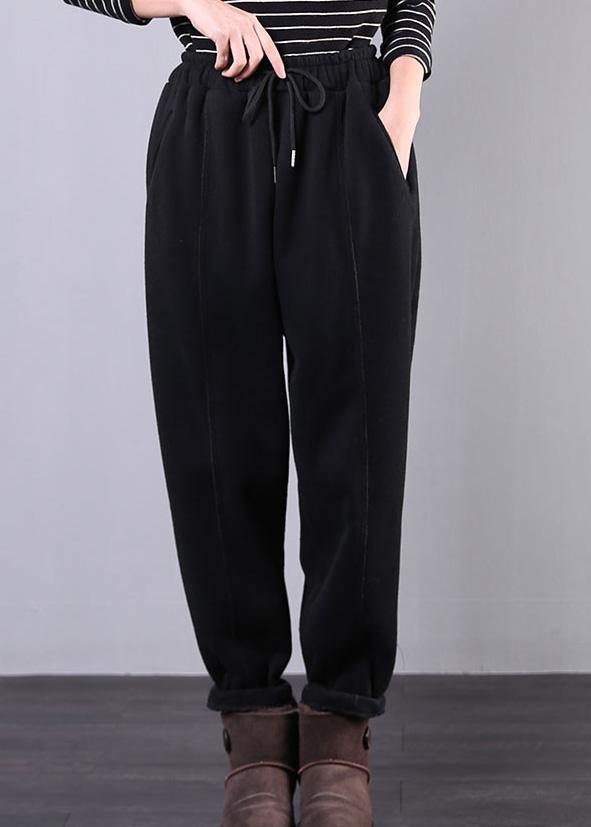 Bohemian fall plus size black Fabrics drawstring pockets pant - SooLinen