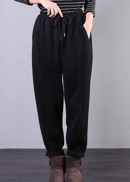 Bohemian fall plus size black Fabrics drawstring pockets pant - SooLinen