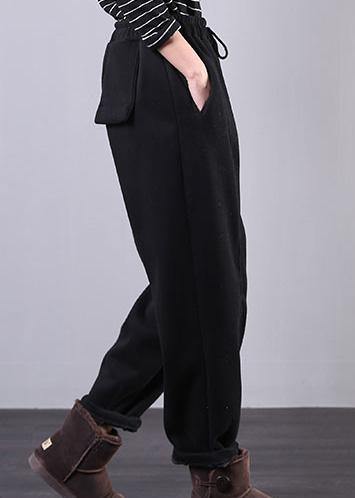 Bohemian fall plus size black Fabrics drawstring pockets pant - SooLinen