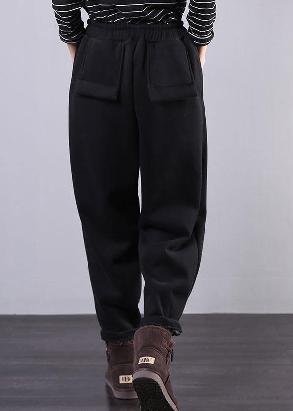 Bohemian fall plus size black Fabrics drawstring pockets pant - SooLinen