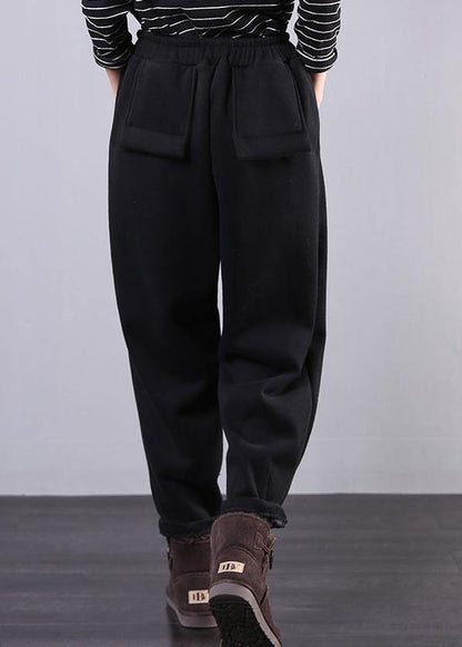 Bohemian fall plus size black Fabrics drawstring pockets pant - SooLinen