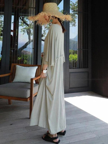 Bohemian gray cotton Tunics v neck drawstring loose Dress - SooLinen