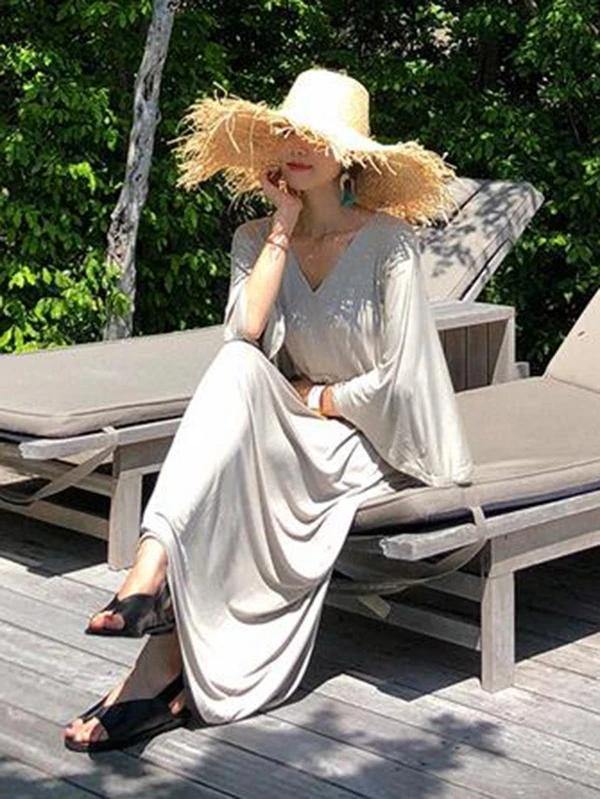 Bohemian gray cotton Tunics v neck drawstring loose Dress - SooLinen