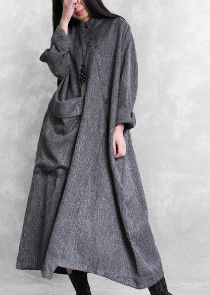 Bohemian gray linen clothes For Women stand collar asymmetric loose Dresses - SooLinen