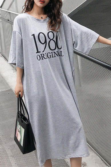 Böhmische Baumwollkleidung mit grauem Aufdruck, Omychic Inspiration, Rundhalsausschnitt, halblange Ärmel, Baumwollroben, Sommerkleid