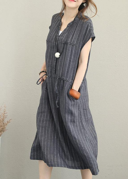 Bohemian gray striped linen clothes For Women v neck drawstring Maxi summer Dresses - SooLinen
