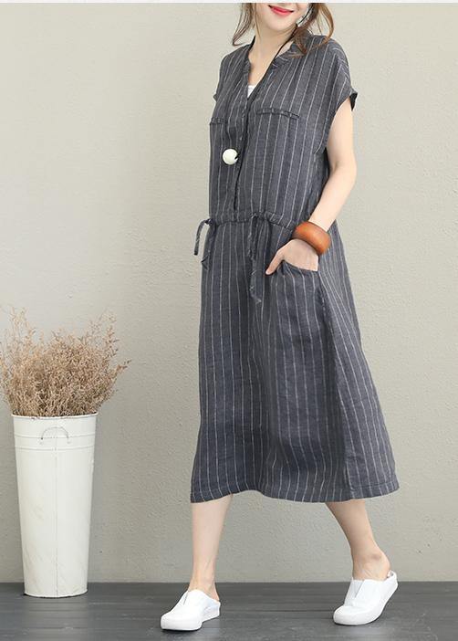 Bohemian gray striped linen clothes For Women v neck drawstring Maxi summer Dresses - SooLinen