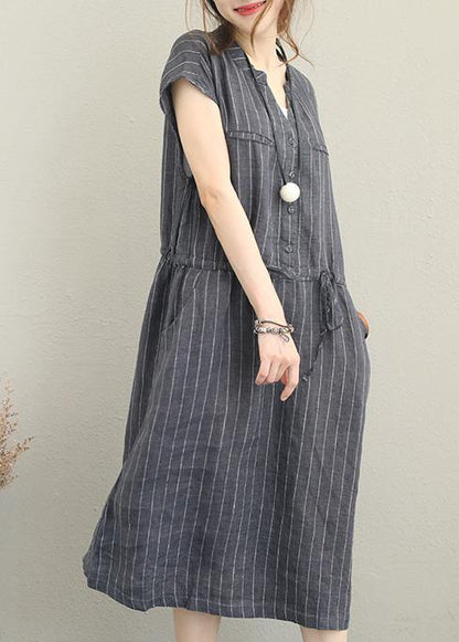 Bohemian gray striped linen clothes For Women v neck drawstring Maxi summer Dresses - SooLinen