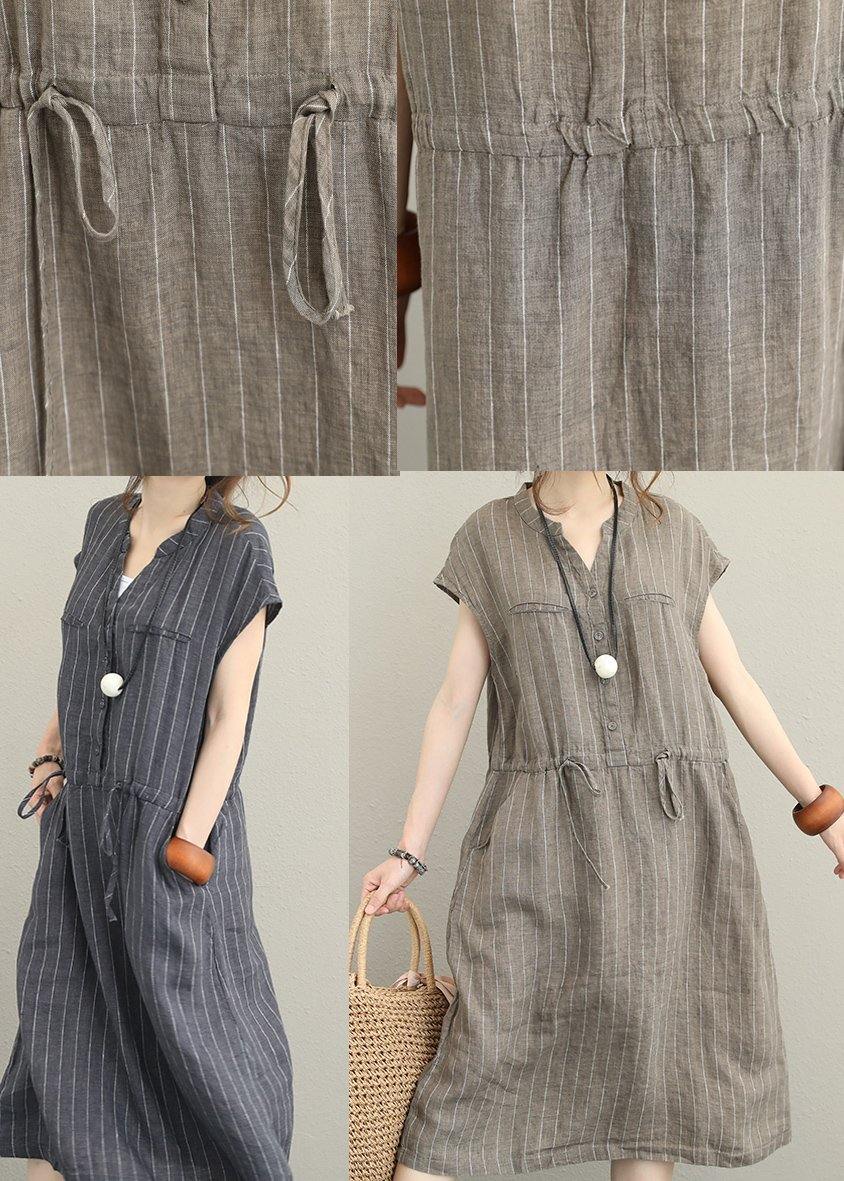 Bohemian gray striped linen clothes For Women v neck drawstring Maxi summer Dresses - SooLinen
