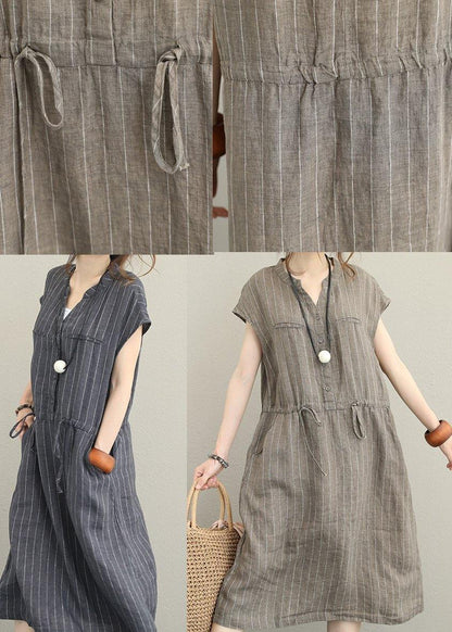 Bohemian gray striped linen clothes For Women v neck drawstring Maxi summer Dresses - SooLinen