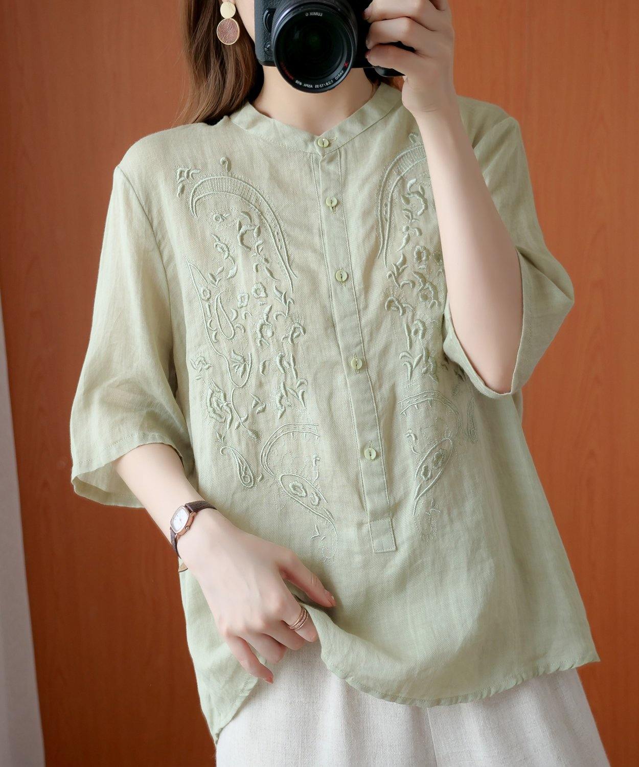 Bohemian green clothes For Women stand collar embroidery silhouette top - SooLinen