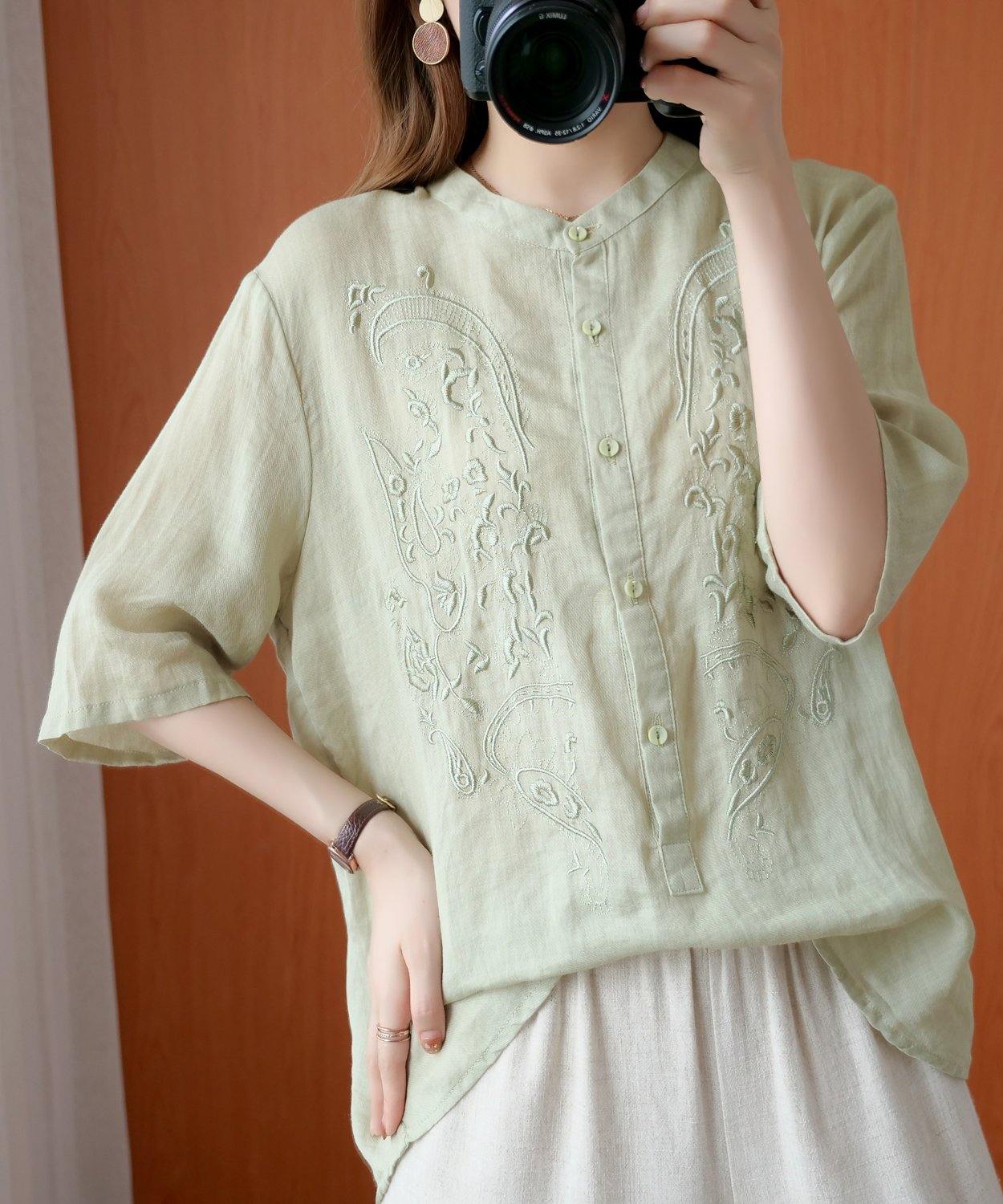 Bohemian green clothes For Women stand collar embroidery silhouette top - SooLinen