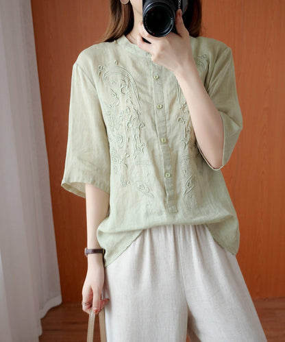 Bohemian green clothes For Women stand collar embroidery silhouette top - SooLinen