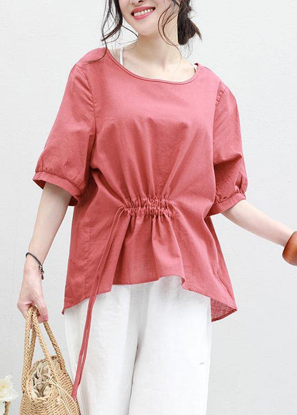 Bohemian half sleeve linen tunic top red drawstring loose top summer - SooLinen