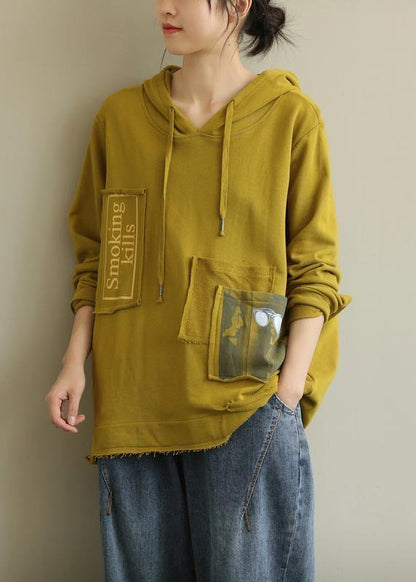 Bohemian hooded patchwork fall clothes For Women Fabrics yellow top - SooLinen