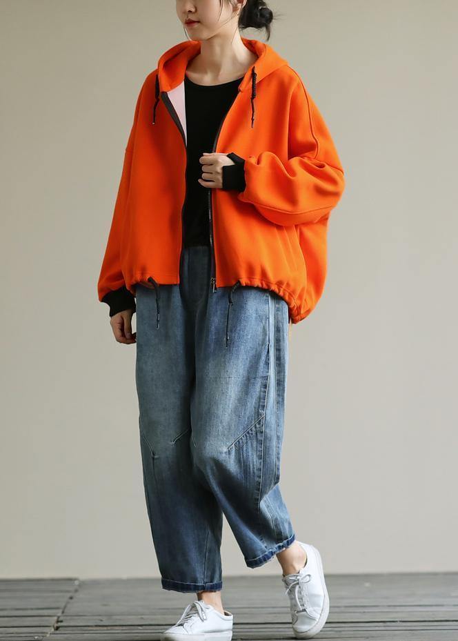 Bohemian hooded zippered tops women Neckline orange shirt - SooLinen