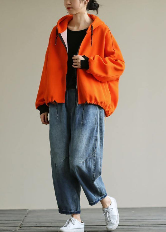 Bohemian hooded zippered tops women Neckline orange shirt - SooLinen