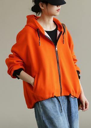 Bohemian hooded zippered tops women Neckline orange shirt - SooLinen