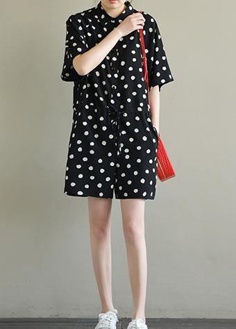 Bohemian lapel pockets jumpsuit pants Wardrobes black dotted summer - SooLinen