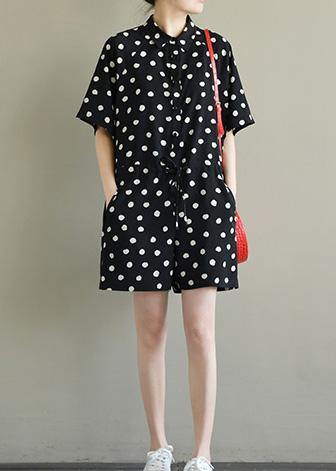 Bohemian lapel pockets jumpsuit pants Wardrobes black dotted summer - SooLinen