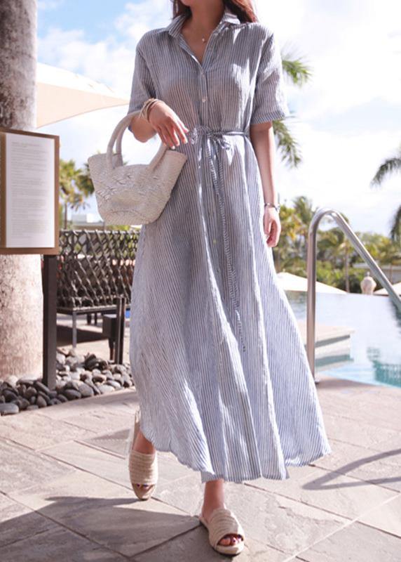 Bohemian lapel tunic cotton linen Robes Shirts striped Dresses - SooLinen