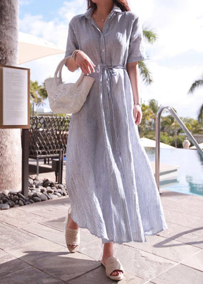 Bohemian lapel tunic cotton linen Robes Shirts striped Dresses - SooLinen