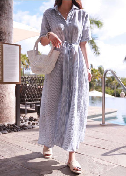 Bohemian lapel tunic cotton linen Robes Shirts striped Dresses - SooLinen