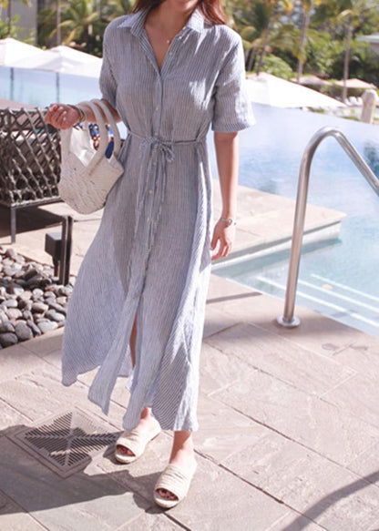 Bohemian lapel tunic cotton linen Robes Shirts striped Dresses - SooLinen