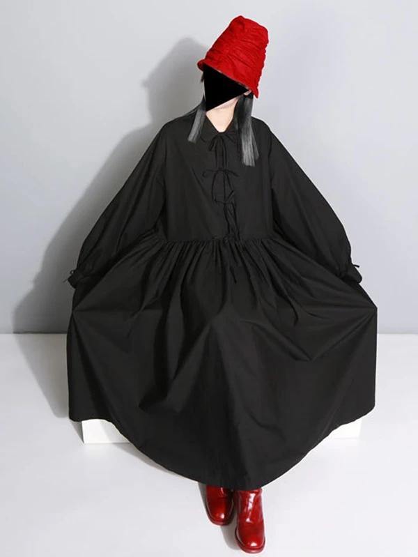 Bohemian lapel Cinched cotton spring outfit linen black A Line Dresses - SooLinen