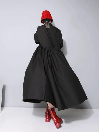 Bohemian lapel Cinched cotton spring outfit linen black A Line Dresses - SooLinen