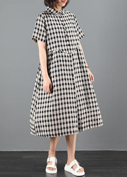 Bohemian lapel Cinched summer dress Work black plaid Maxi Dresses - SooLinen