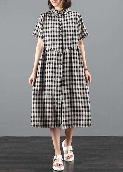 Bohemian lapel Cinched summer dress Work black plaid Maxi Dresses - SooLinen