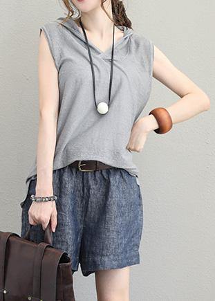 Bohemian light gray cotton Long Shirts Neckline hooded sleeveless top summer - SooLinen