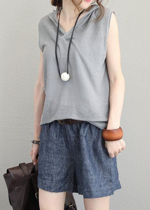 Bohemian light gray cotton Long Shirts Neckline hooded sleeveless top summer - SooLinen