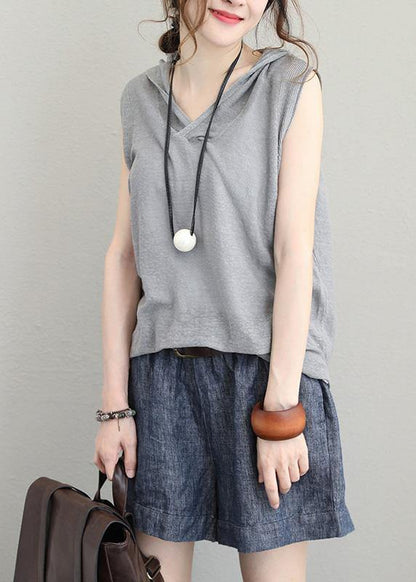 Bohemian light gray cotton Long Shirts Neckline hooded sleeveless top summer - SooLinen