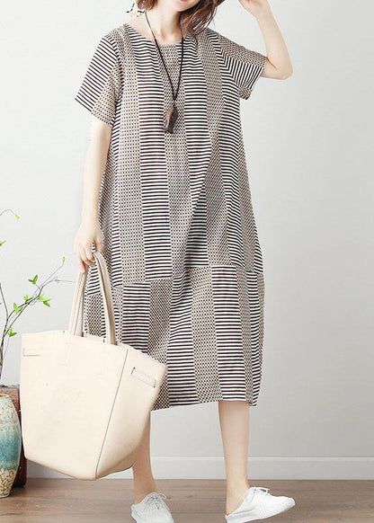 Bohemian light khaki striped Cotton tunics for women o neck patchwork cotton summer Dress - SooLinen
