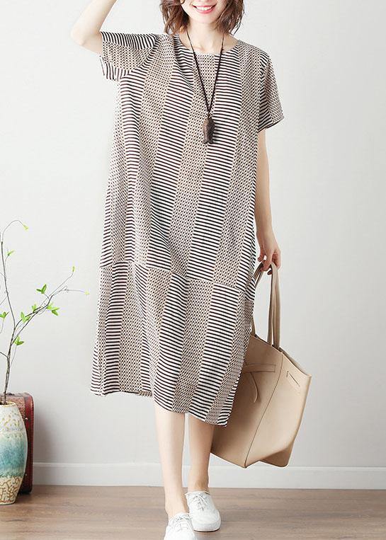 Bohemian light khaki striped Cotton tunics for women o neck patchwork cotton summer Dress - SooLinen