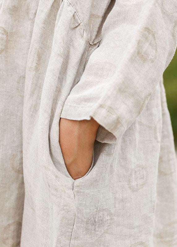 Bohemian Leinen Outfit Boutique Langarm Jacquard Beige Plissee Kleid