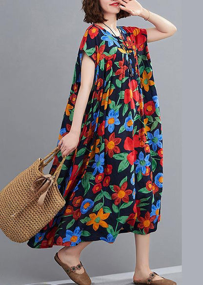 Bohemian navy print clothes o neck pockets robes summer Dresses - SooLinen