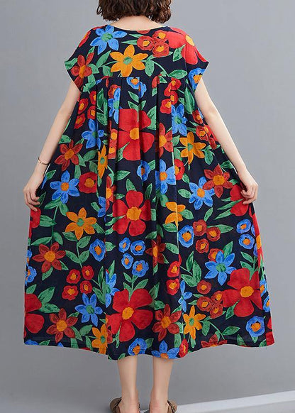 Bohemian navy print clothes o neck pockets robes summer Dresses - SooLinen