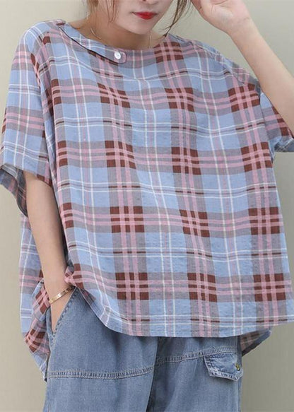 Bohemian o neck Button Down cotton summer tops women Sewing blue plaid blouses - SooLinen