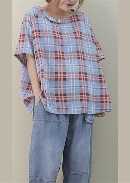 Bohemian o neck Button Down cotton summer tops women Sewing blue plaid blouses - SooLinen